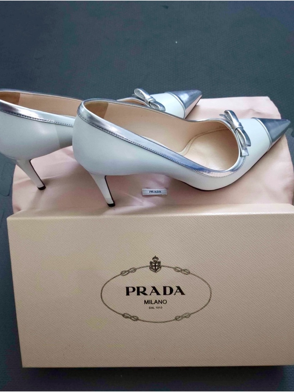 Prada White and Silver Pointed-Toe Leather Kitten Heels